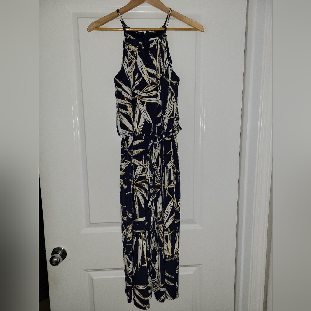 London Times Navy Blue and White Leaf Print Jumpsuit